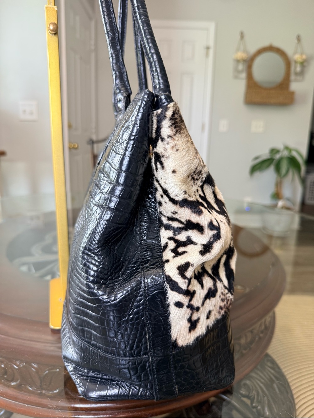 Brahmin Black & Cream Snake-Print calf hair Tote with Croc-Trim - Picture 5 of 7